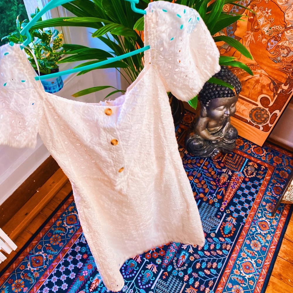 Blush Boutique White Crochet Lasercut Peasant Sleeved Fitted Dress ๐ - Picture 2 of 7